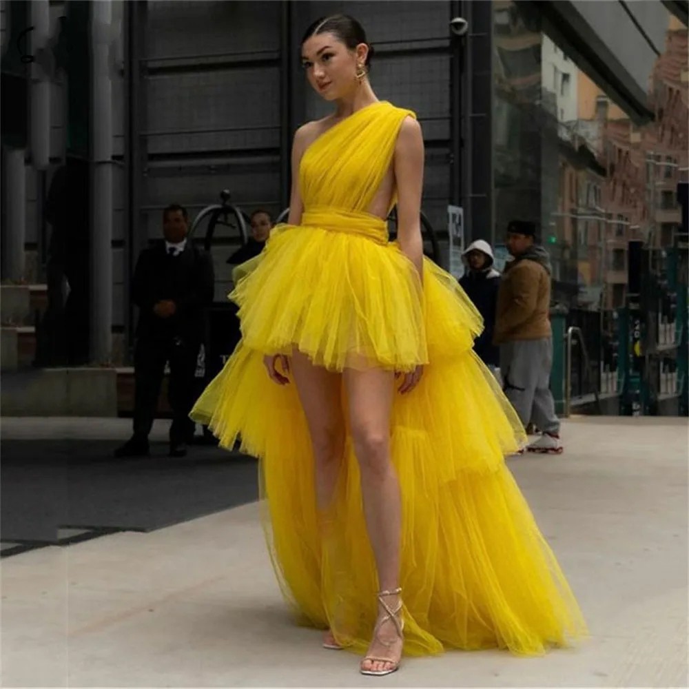 Fashion Yellow Prom Abito Formale A Livello Una Spalla Strato A Livello Alto Ar…