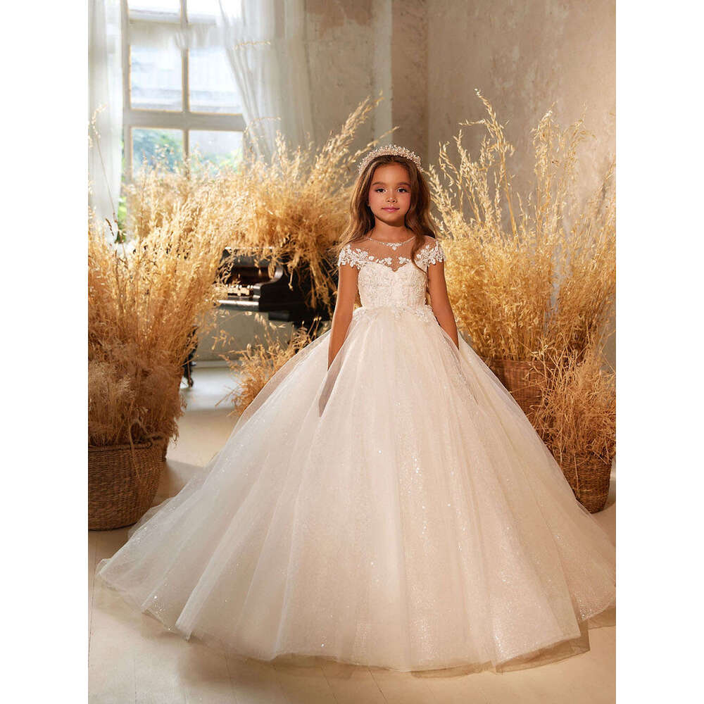 Wer Ivory Elegant Girl For Wedding Lace Shining Tulle Or Length Kids Birthday Party Dress Princess Ball Gown