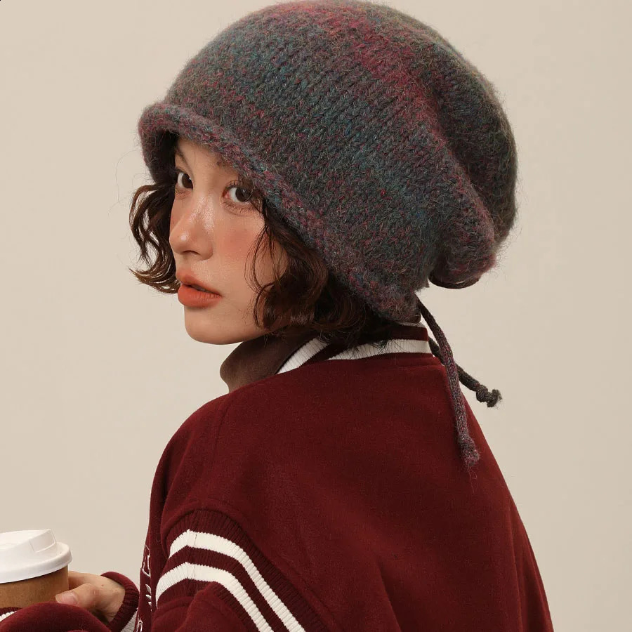 Chic Design Women Beanie Autumn Winter Gradient Drawstring Stacked Hat Female Face Small Knitted Cap Thermal Couple Skullcap 240729