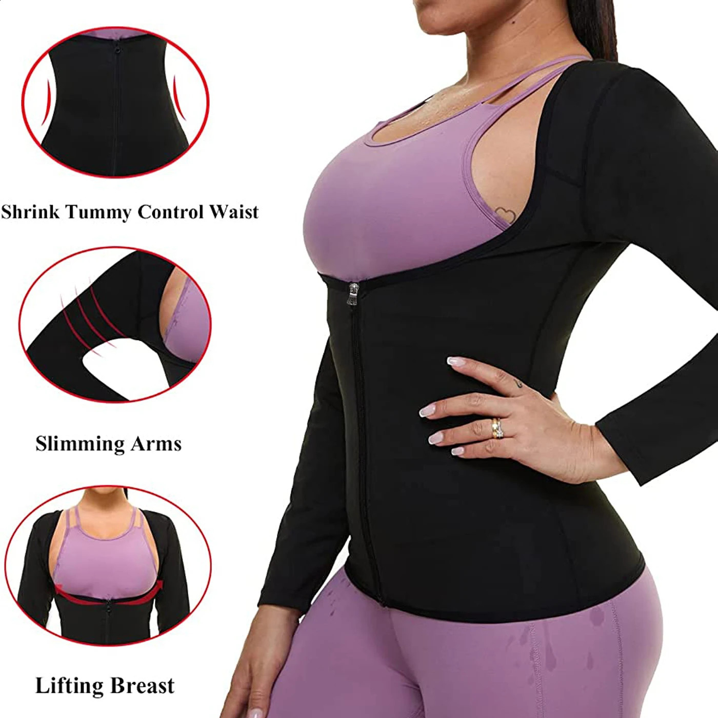 Vigorix Sauna Suit for Women Sweat Body Shaper Waist Trainer Long Sleeve Zipper Shirt Workout Top 240730
