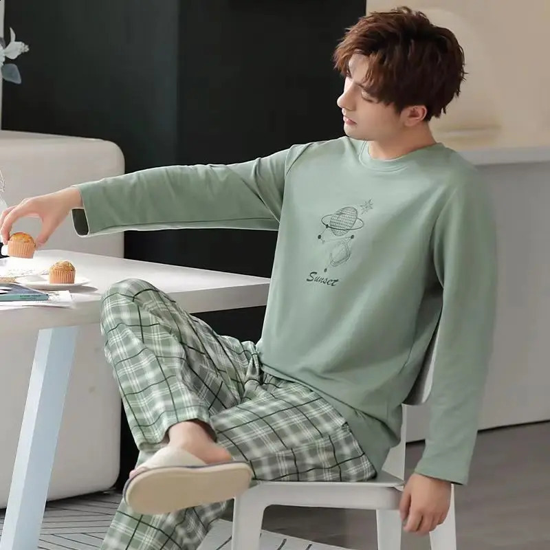 Mens Pajamas Two-Piece Mens Long-Sleeved Pyjamas Spring And Autumn Thin Section Of The Large Size Leisure Home Wear Suit 240819