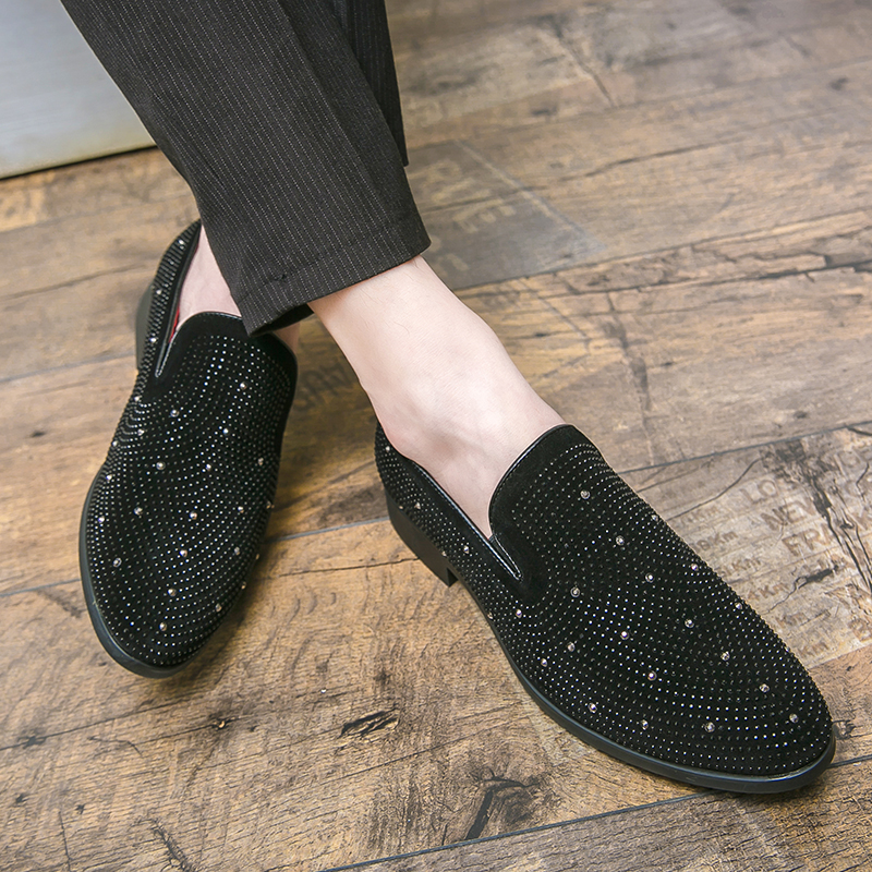 Brand Noble Black Rhinestone Men Dress Shoes Velvet Crystal Luxury Moccasins Men's Loafers Office Business Man Footwear Zapatos