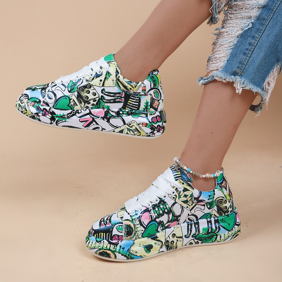 Sizes 35-43 Autumn Graffiti Sneakers for Women Large Size Sneakers Fashion Couple Shoes Young People Men Colored Drawing Flats