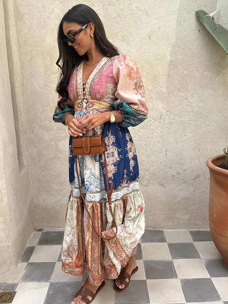 Elegant Print Buttons Patchwork Maxi Dress For Women Long Sleeves Lace Up Loose Robes 2024 Summer Chic High Street Vestidos240730