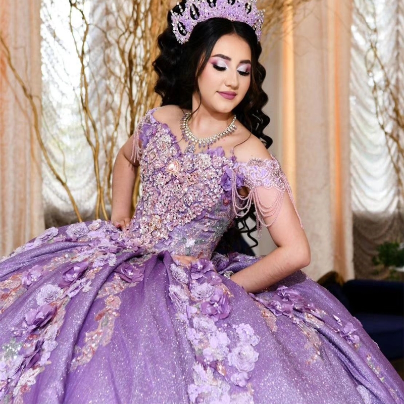 Lavender Shiny Quinceanera Dress 2024 Princess Applique Lace Beads Sweet 16 Birthday Party Gown Vestido De 15 Anos