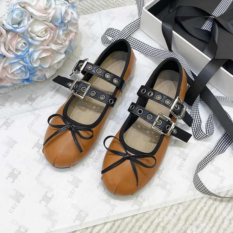 ballerina French ballet flats women's soft leather bow lace-up shallow Metallic trim car ing cross straps belt buckle 22ab