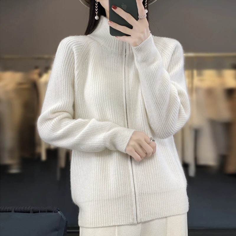 Autumn and winter fashion solid zipper turtle neck sweater womens wool cardigan long sleeved top 240821