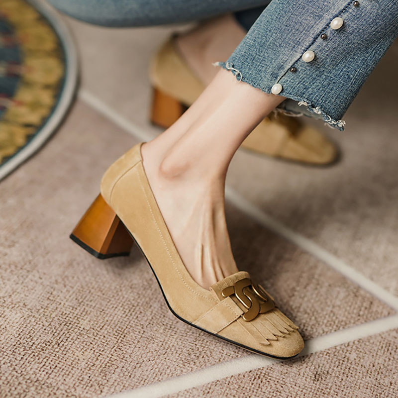 New Women's Faux Suede Fringed Pumps Metal Mid Heels Boat Wood Grain Heel Slip on Dress Shoes Office atos Mujer 1190N