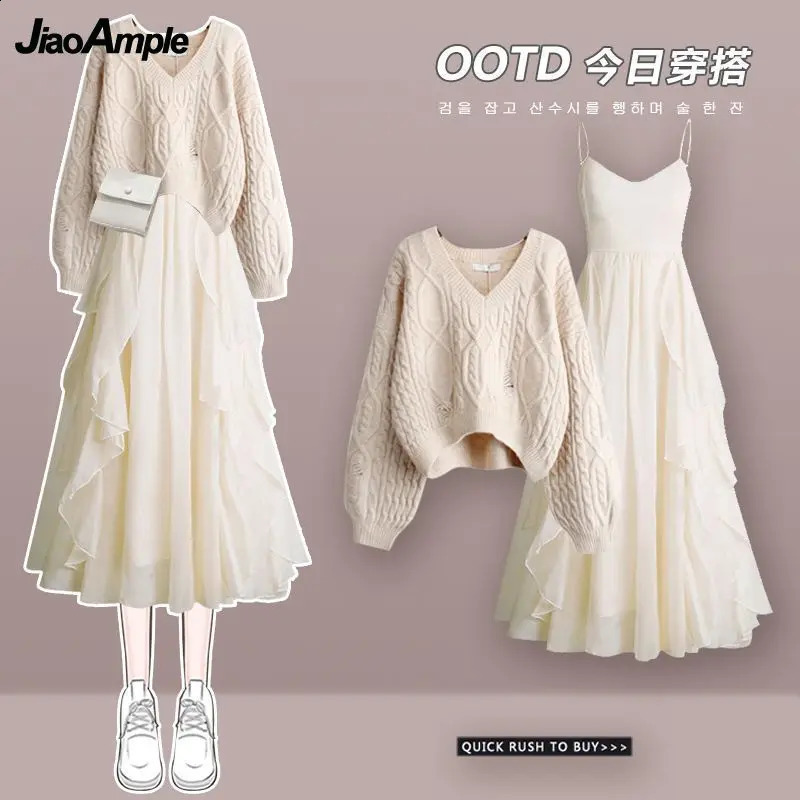 Womens Autumn Winter in Matching Set Korean Elegant VNecek Knitted Sweater Sling Dress Two Piece Female Clothing Suit 240729
