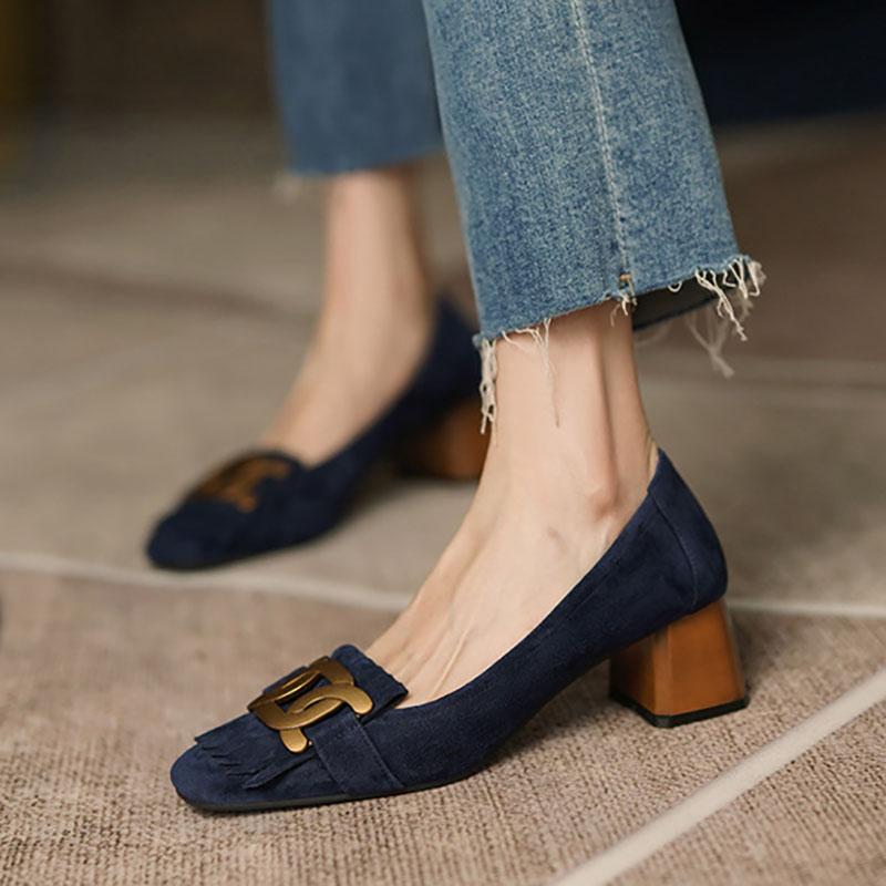 New Women's Faux Suede Fringed Pumps Metal Mid Heels Boat Wood Grain Heel Slip on Dress Shoes Office atos Mujer 1190N