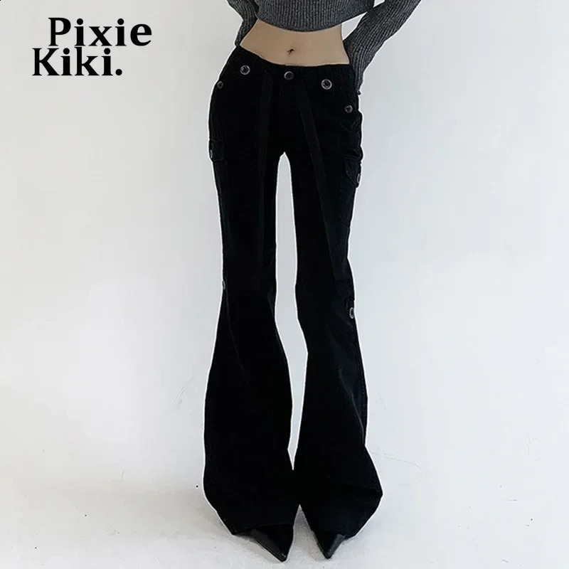PixieKiki Low Rise Flare Jeans Women Grunge Y2k Cargo Pants 90s Vintage Clothes Black Brown Denim Trousers Streetwear P67-FZ30 240806