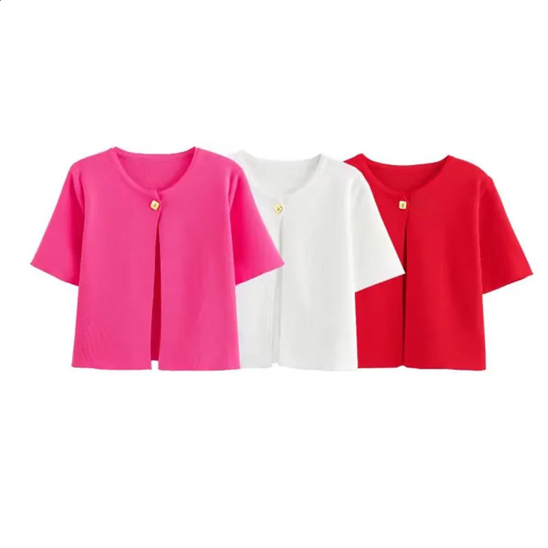 greatguy Thin Knitted Women Cardigan Jacket Traf Autumn Short Sleeve Metal Button Sweater Coat Female Crop Top Y2K Outwear 240730