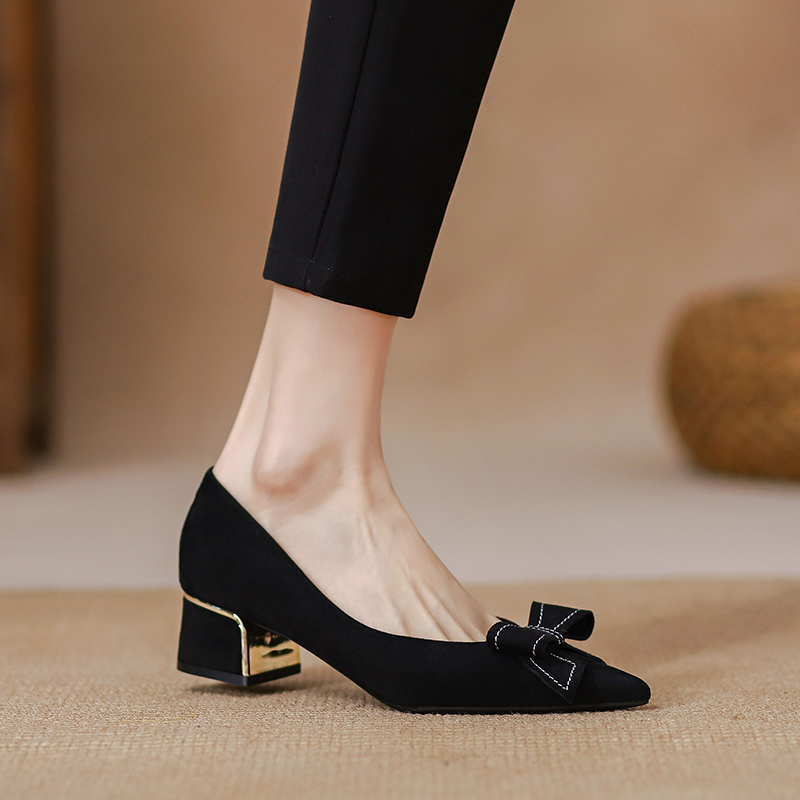 Plus Size 41 Women's Pumps Pointed Toe Mid Heels Dress Faux Suede Boat Shoes Sewing Bow Slip on atos Mujer Black 1243N