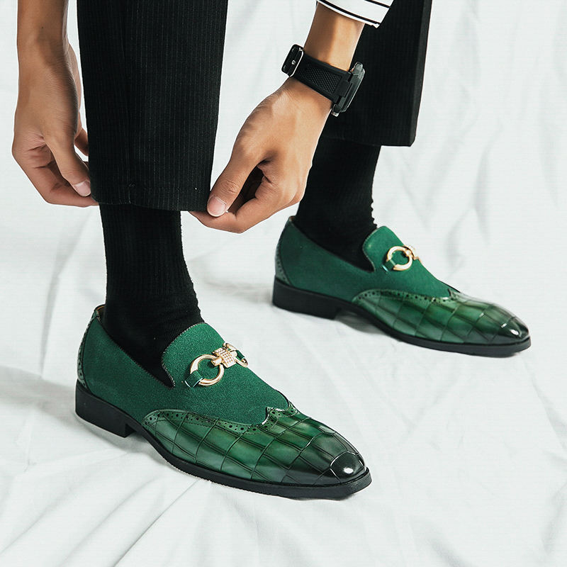 Autumn Green Loafers Men Slip-on Nubuck Leather Luxury Brand Thick Bottom Pointed Toe Fashion Designer Leather Shoes Men Casual