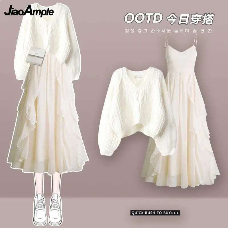 Womens Autumn Winter in Matching Set Korean Elegant VNecek Knitted Sweater Sling Dress Two Piece Female Clothing Suit 240729