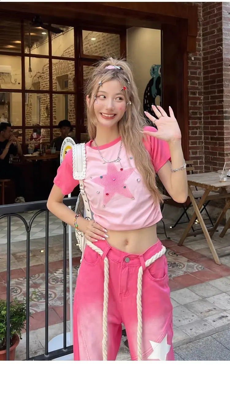 Pink Y2k Baggy Jeans Vintage Drawstring Women American Style Star Printing Womens Streetwear Denim Pants High Waist Trousers 240806