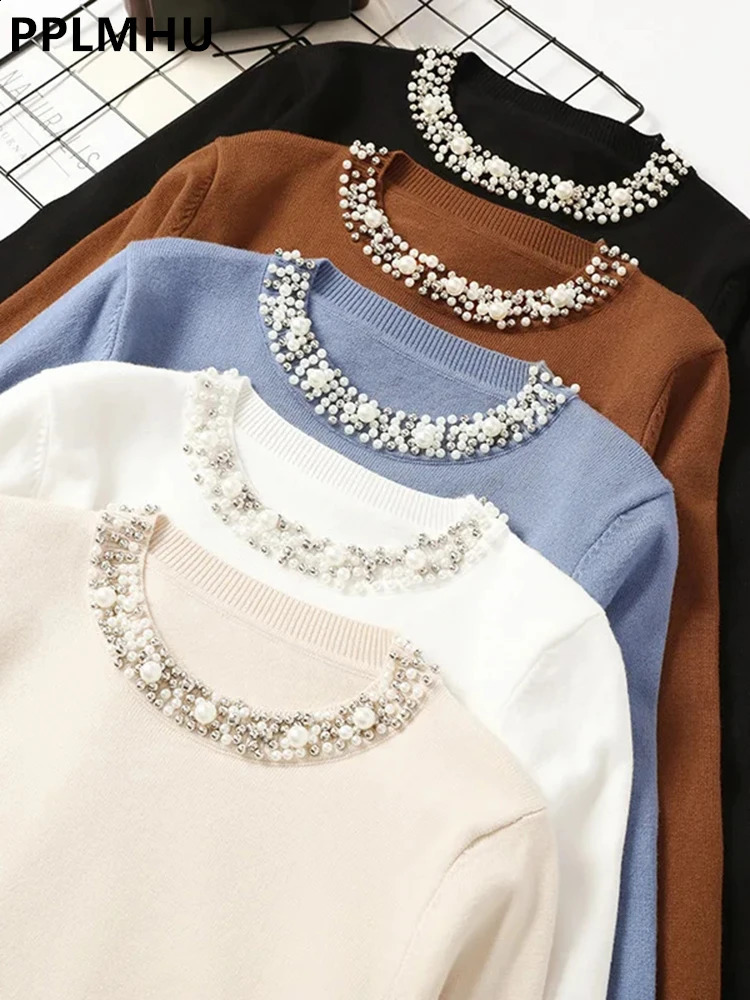 Chic Beaded Oneck Knitted Tshirts Women Spring Casual Slim Knitwear Jumper Tops Korean Long Sleeve Malhas Tee Thin Sweater 240730