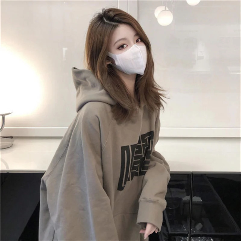 Letter Print Hoodies Women Vintage Winter Autumn Loose Hooded Shirt Grunge Street Sweatshirt Y2k Clothes Warm Oversize Pullovers 240813