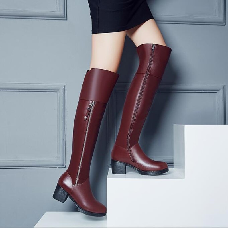 AIYUQI Women Over Knee Boots Genuine Leather Thick Thin Velvet Large Size Long Boots Fashion High Heel Women Thigh High Boots