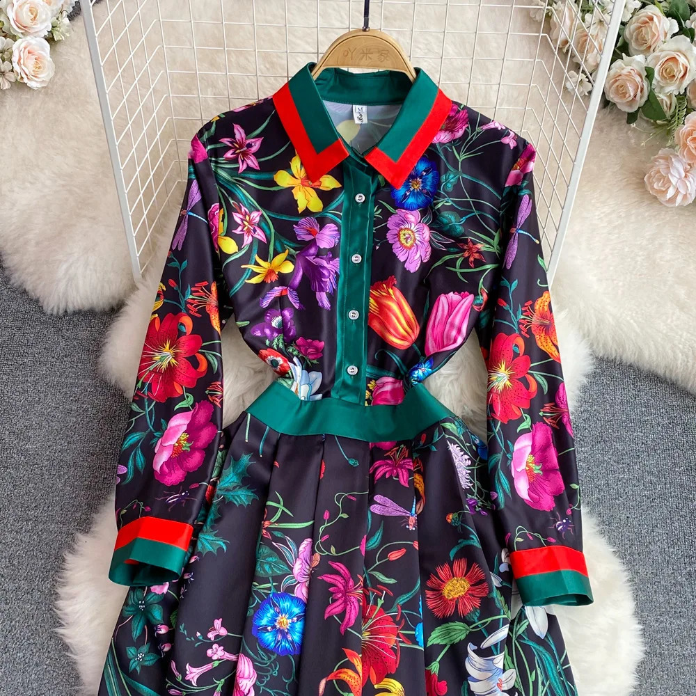 JAMERARY Fashion Runway Red Rose Blue White Porcelain Floral Shirt Dress Women Summer Autumn Long Sleeve Midi Vestidos240730