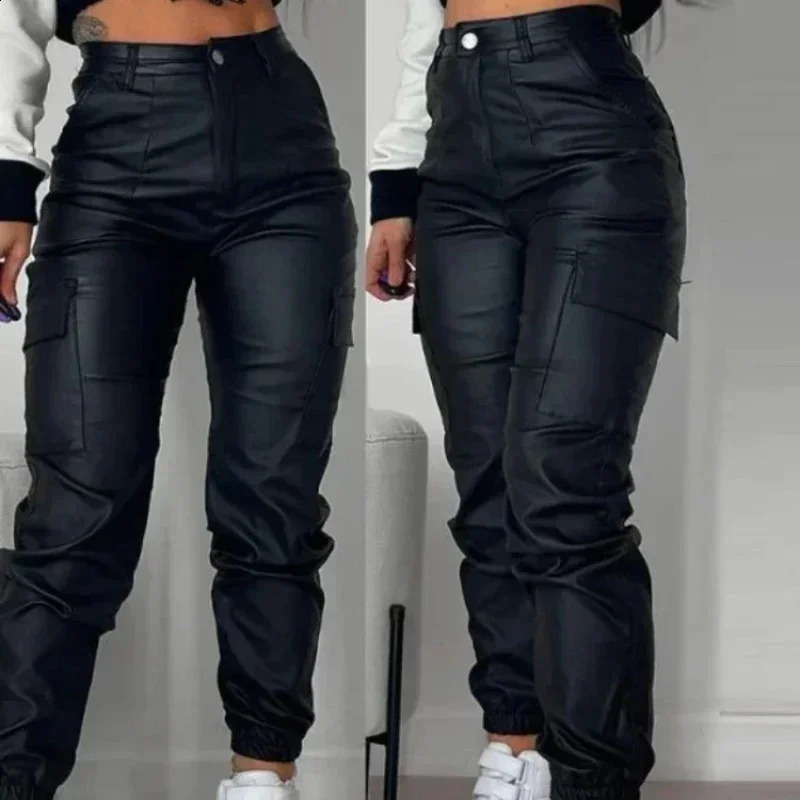 Y2K Vintage Women Elegant Harajuku Streetwear Black Cargo Pants Motorcycle Pu Leather High Waist Harem Jogger Trousers Clothes 240730