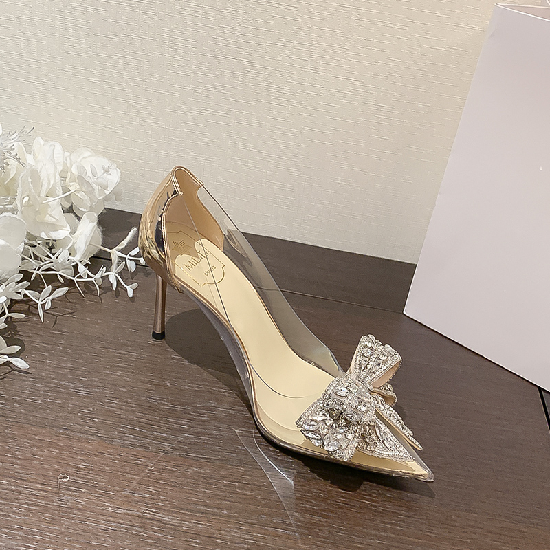 2022 Fashion Sliver Rhinestone Bow PVC Transparent Women Pumps Autumn Stiletto High Heels Sexy Bride Party Wedding Dress Shoes