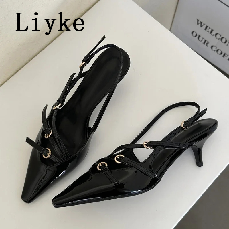 Liyke Sexy Slingbacks Narrow Band Buckle Strap Pumps Women Pointed Toe Low Thin Heels Wedding Party Mules Shoes Female Sandals