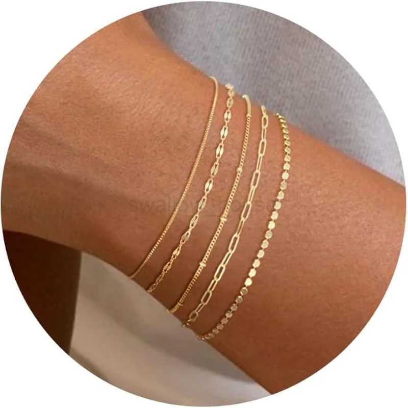 14K Dainty Gold Plated Stackable Bracelet Womens Fashion Chain Bracelet Paperclip Adjustable Tennis Cute JewelryW240730