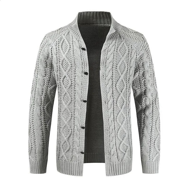 mens autumn and winter sweater long sleeved stand up collar twisted jacquard casual cardigan 240809