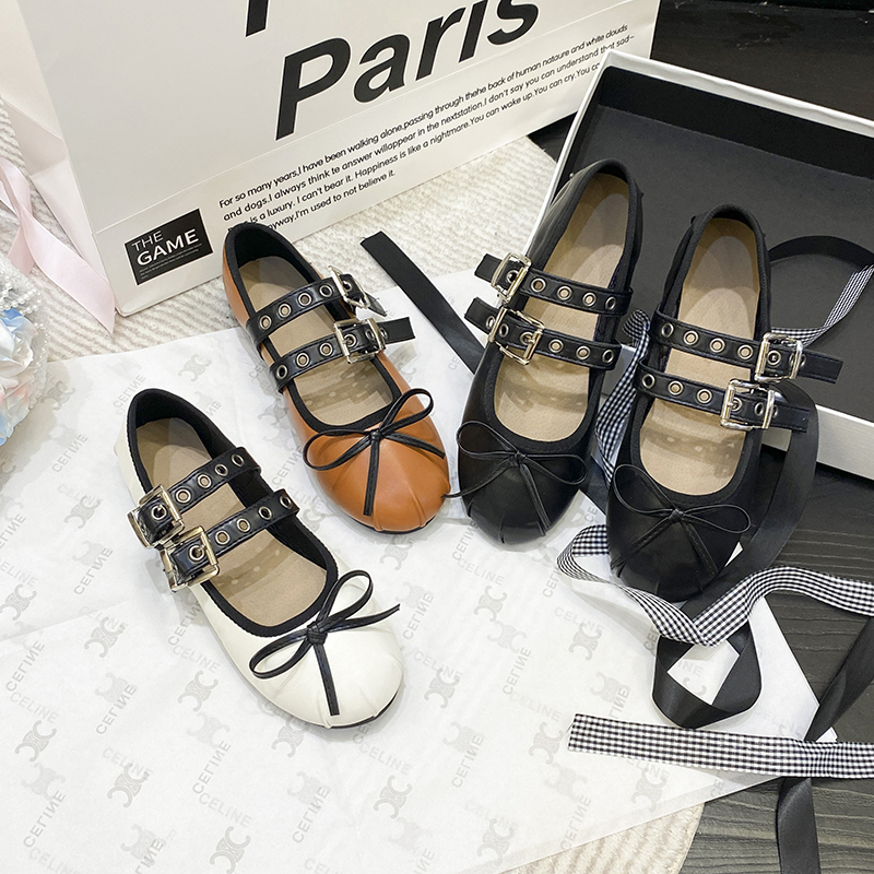 ballerina French ballet flats women's soft leather bow lace-up shallow Metallic trim car ing cross straps belt buckle 22ab