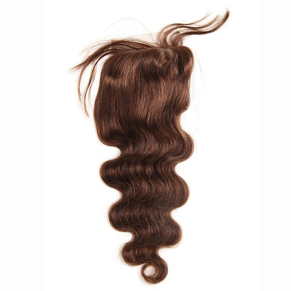 #4 Brown 4X4 Lace Remy Brazilian Human Chocolate Body Wave Closure With Baby Hair Hand Tied Transparent