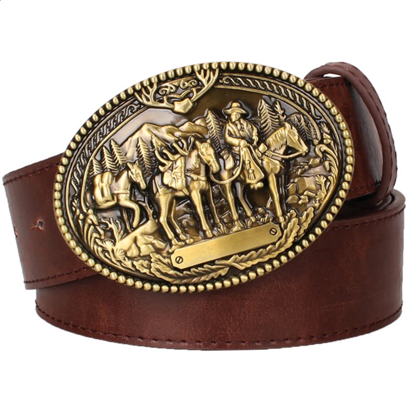 Fashion Mens Leather Belt Knight Wild West Cowboy Style Hip Hop Rock Jeans Waistband Metal Golden Buckle240723