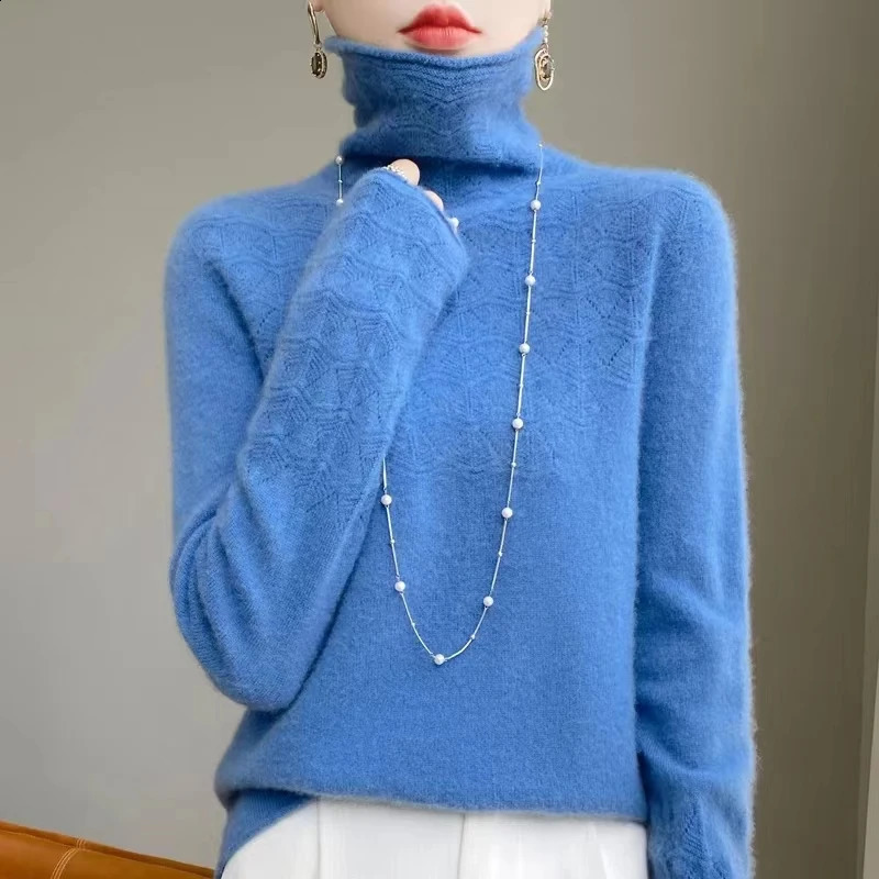 100% Merino Wool Pullover Winter High Neck Solid Long Sleeve Fashion Cashmere Jumper Womens Seamless Hollow out Knitted Sweater 240730