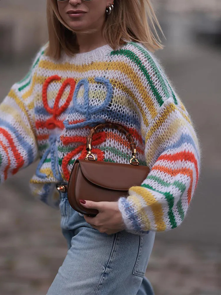 Autumn Fashion Multicolour Pullover Women Chic Round Neck Kintted Hollow Out Sweater Female Harajuku Aesthetics Jumper 240730wtt