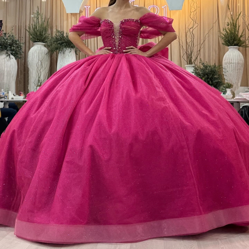 Rose Red Sparkly Princess Quinceanera Dresses Off Shoulder Beads Crystal Bow Corset Gillter Vestido de 15 quinceanera Sweet 16 Gown