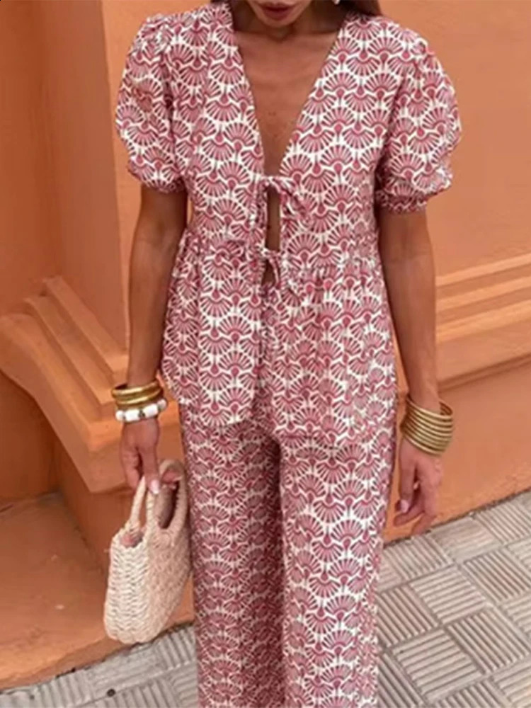 Printed lace shirt and pants 2piece set for women elegant casual Vneck top wide leg mens 2024 womens puff short sleeved 240729