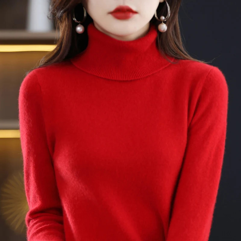 100% Merino Wool Cashmere Sweater Women Knitted Turtleneck Long Sleeve Pullovers Autumn Winter Clothing Warm Jumper Tops 240730