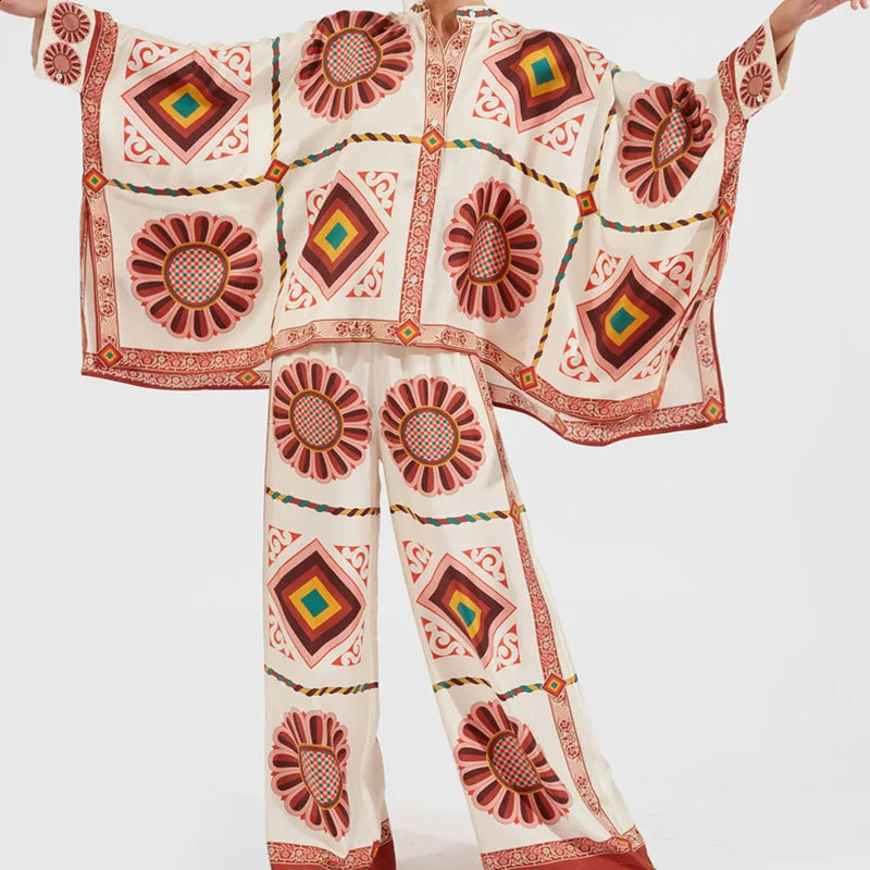 Fashion Oneck button long sleeved shirt and pants set for women elegant pattern printed loose suit casual wide leg 2PC 240729