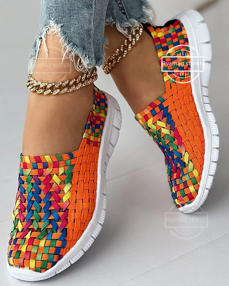 Sneakers women's Colorblock Braided Slip-on Women Flat Shoes Elastic Band Weave Shoes Women Flat Shoes Loafers Zapatos De Muje - view 4