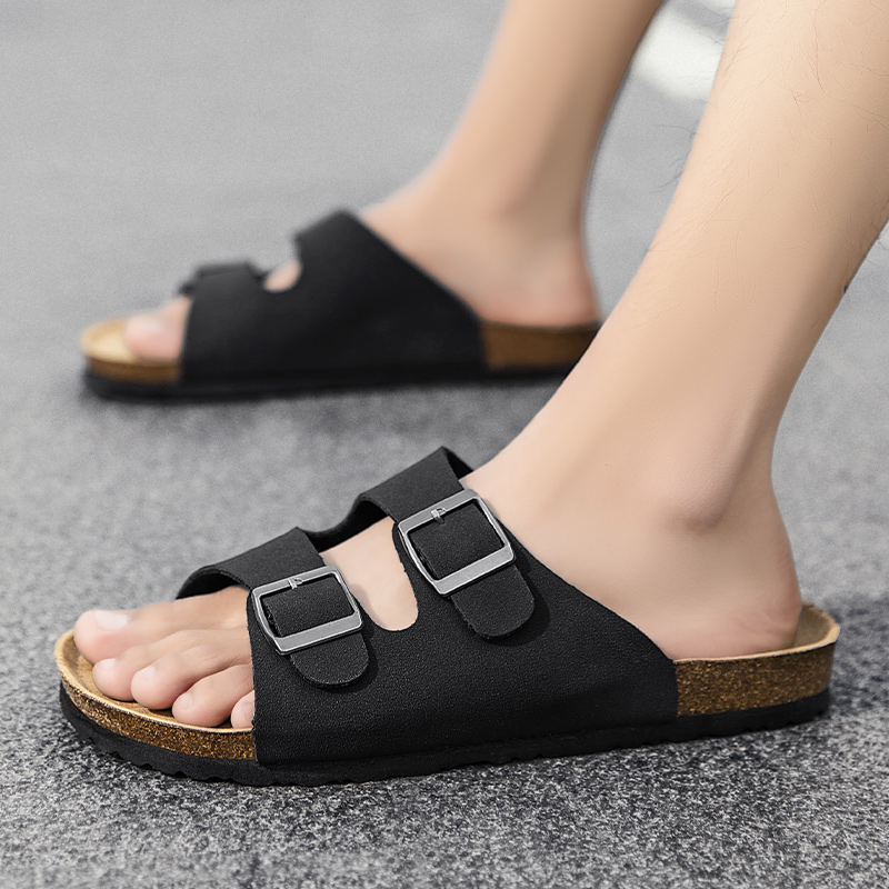 Men's Black Leather Sandals Summer Casual Men Beach Sandals Roman Style High Quality Non-slip Flat Slides Fashion Male Shoes