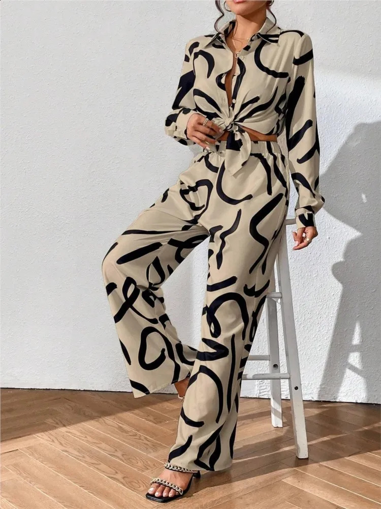 Spring Autumn Fashion Print 2 Piece Sets Women Loose Casual Pants Sets Female Long Sleeve Shirt Wide Leg Pants Two Piece Sets240730