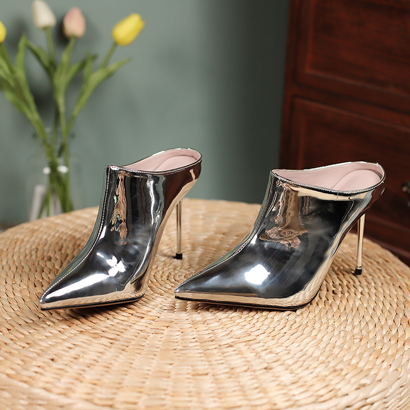 Women's Sier Slippers Sexy Mules For Women High Heels Sandals Pointed Toe Slides Party Shoes Female Black Large Size 45 2753 876