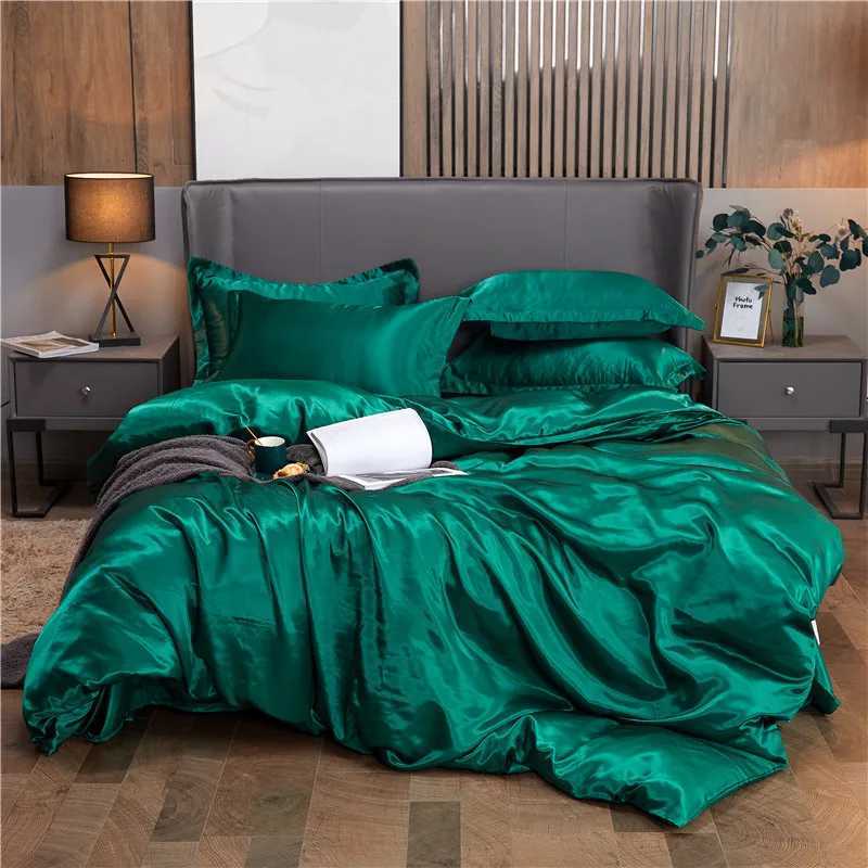 Satin Bedding Set with Duvet Cover Bed Sheet Pillowcase Luxury Bedsheet Solid Color Double Single King Queen Full Twin Size Y240730