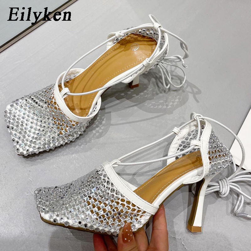 2025 new Eilyken Sexy Elegant Crystal Dias Breathable Mesh Women Pumps Shoes Fashion Hollow Out Summer Lace-Up High Heel Sandals 1a32