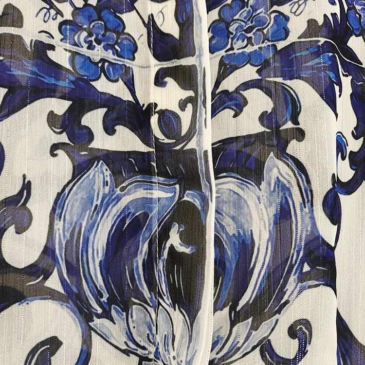 JAMERARY Runway floral print Beaded Crystal Long Sleeve Maxi Shirt Dress Women Blue White Porcelain Faux Silk Chiffon Vestidos240730