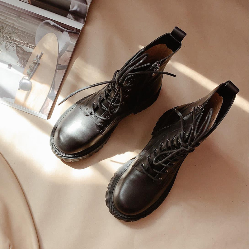 Ankle BeauToday Boots Women Genuine Cow Leather Round Toe Solid Color Side Zipper Retro Platform Ladies Shoes Handmade A04420 3870