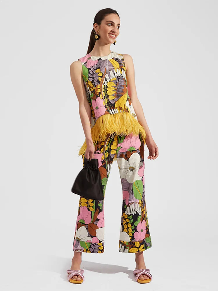 Fashion Flower Print Feather Patchwork 2 Piece Set Oneck Sleeveless Tops Pants Suits 2024 Causal High Street Outfits y240816