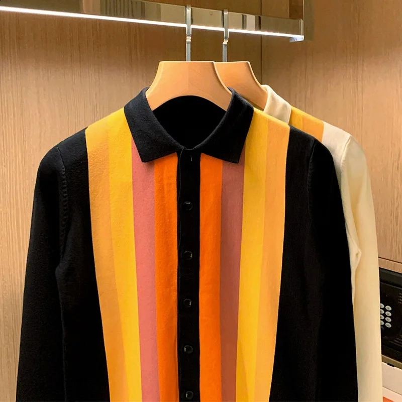 British style mens knitted cardigan with vertical stripes long sleeves and buttons top spring autumn slim fit collar thin sweater 240809