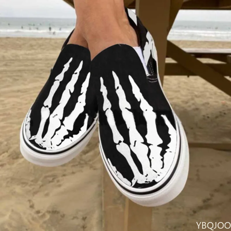 Halloween Pumpkin Size 43 Shoes 2022 Autumn Skeleton Printing Flats Women Shoes Slip-on Lazy Canvas Shoes Loafers Zapatos Mujer