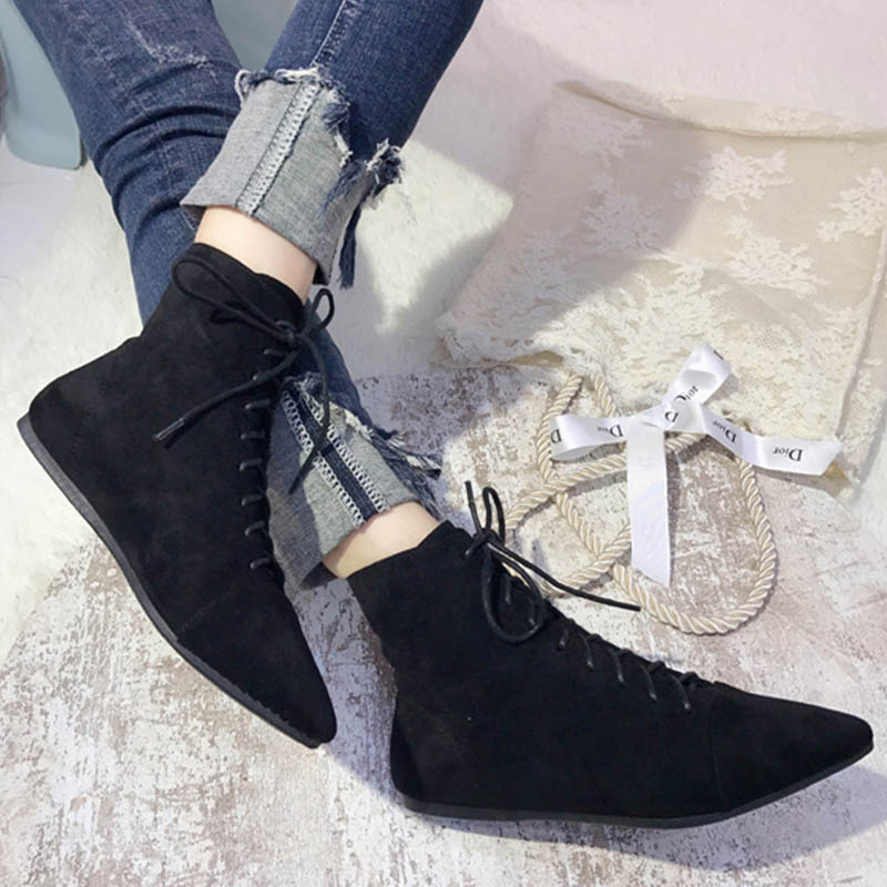 Winter Nubuck flock ankle botas plush lace up botines mujer pointed toe short riding boots trendy velvet flat chelsea boots 2020